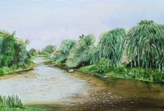 "Credit River in Churchville in Memory of Parents" by Tahira Mujahid  acrylic on canvas, 24"x36" - Location: Brampton