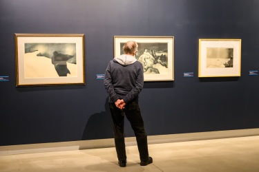 A man looking at paintings