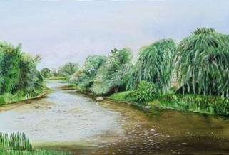 "Credit River in Churchville in Memory of Parents" by Tahira Mujahid acrylic on canvas, 24"x36" - Location: Brampton