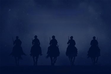 5 silhouettes of Sikh warriors on horses.